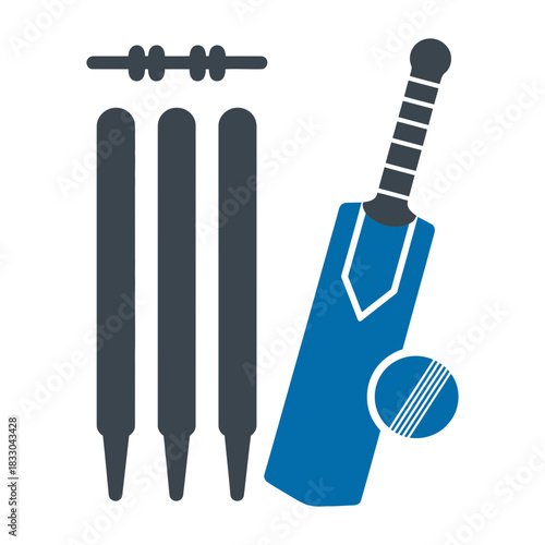 Blue icon graphic representing cricket equipment including a wicket with bails, a cricket bat, and a cricket ball