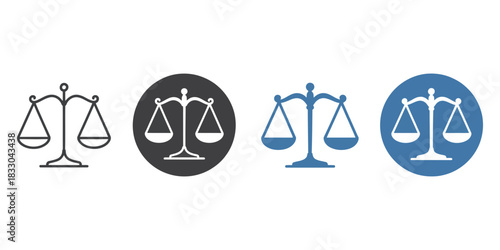 Set of four scales of justice icons in different styles, including outline, solid, and circular background variations