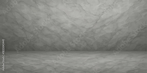 Dark, empty, aged concrete room interior with rough grunge texture on the gray wall and floor