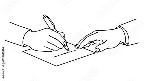 Black and white line art illustration of two hands signing a document with a pen