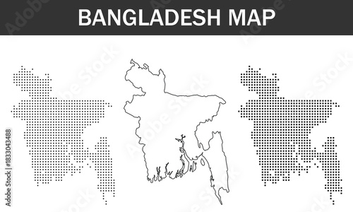 Set of three bangladesh map outlines in dotted and line style