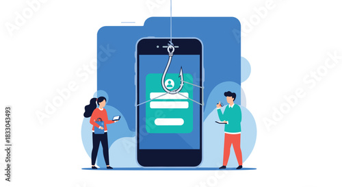 Concept of mobile phishing with a large hook stealing a login password from a smartphone screen, observed by two small characters.