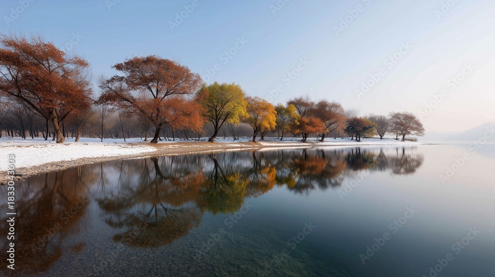 Obraz premium Autumn trees reflecting on calm lake at sunrise in serene natural setting