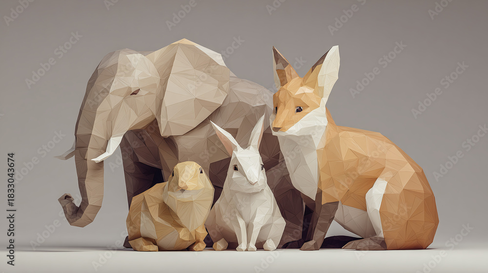 Naklejka premium A group of origami animals including an elephant, a fox, and two rabbits, together