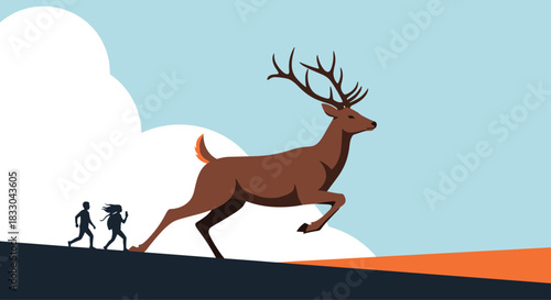 Two hikers following a giant, majestic deer through a stylized natural landscape, representing a journey into nature and wildlife.