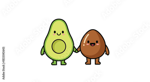 Cute Avocado and Pit Holding Hands Cartoon Illustration
