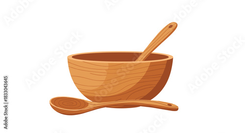 Simple and rustic wooden bowl with two matching wooden spoons, perfect for serving salads, soups, or other natural foods.