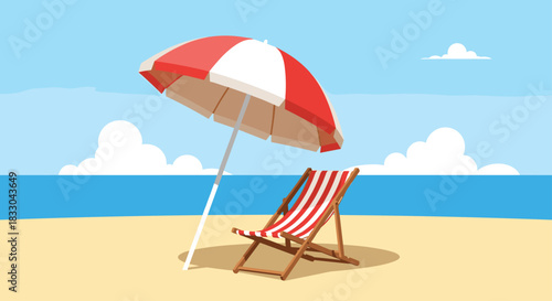 Peaceful beach scene with a striped deck chair and a large parasol on the sand, looking out at the calm ocean and sky.