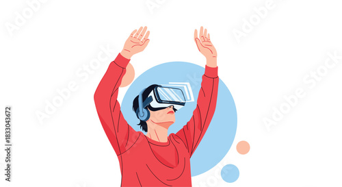 Young man in a red sweatshirt wearing a VR headset and raising his hands, fully immersed in a virtual reality experience.