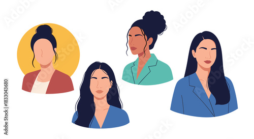 Set of four portraits of diverse and modern women with different hairstyles and outfits, representing female empowerment and diversity.