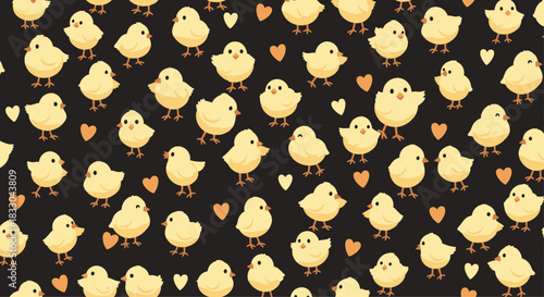 Adorable seamless pattern with cute yellow baby chicks and small orange hearts on a dark background, perfect for Easter or nursery decor.