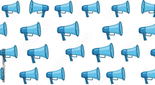 Seamless pattern background of blue megaphones or bullhorns, representing announcement, protest, marketing, and public speaking.