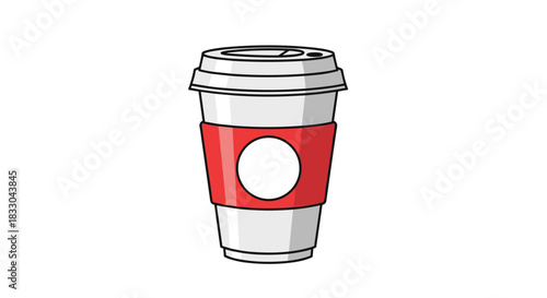 Paper coffee cup with a lid and a red sleeve, a simple illustration of a take-away hot drink like coffee or tea.
