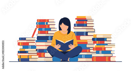 Young woman sitting cross-legged on the floor surrounded by huge stacks of books, deeply engrossed in reading and studying.