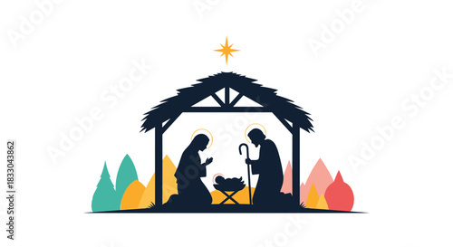 Silhouette of the Christian nativity scene with Mary, Joseph, and baby Jesus in a manger under the star of Bethlehem.