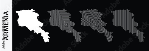 Collection of four stylized map outlines of armenia with modern graphic patterns