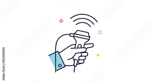 Animated line icon of a hand holding an ultrasound transducer, representing medical diagnostics, sonography, and healthcare technology.