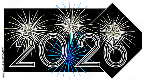 Very beautiful elegant New Year greeting design featuring bold golden 2026 numerals, soft glowing highlights, and abstract shimmering fireworks set against a refined blue geometric background, perfect