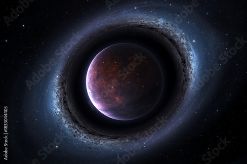 Enigmatic alien planet with ring system and nebula in deep space