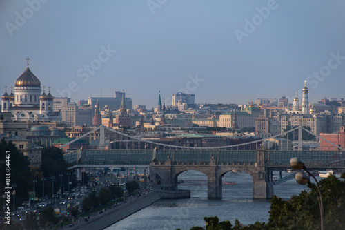 Moscow skyline with the Cathedral of Christ the Saviour, Kremlin towers and historic bridges over the Moskva River