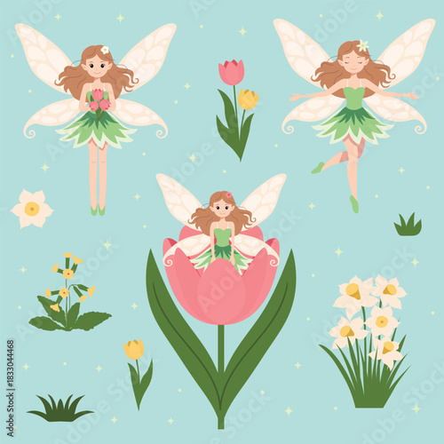 Cute fairy clipart set with flowers leaves and sparkles. Magical fairies illustration bundle with floral accents and sparkle