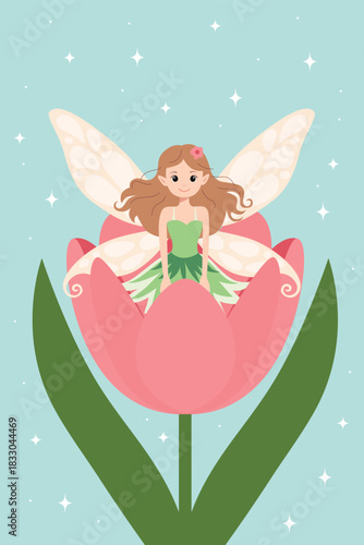 Flower fairy sitting in tulip spring fantasy illustration. Cute tulip fairy girl clipart magical spring bloom