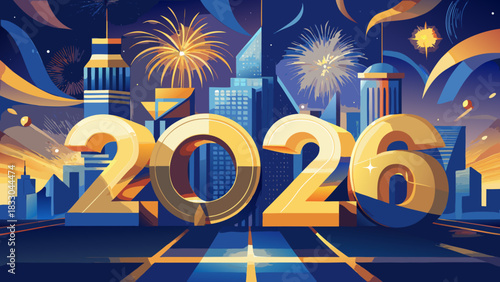 Very beautiful elegant New Year greeting design featuring bold golden 2026 numerals, soft glowing highlights, and abstract shimmering fireworks set against a refined blue geometric background, perfect