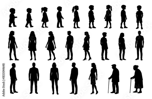 People of different ages silhouettes set. Vector flat illustrations of human age stages. From baby to senior silhouettes