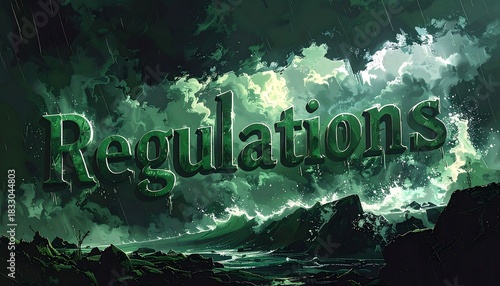 Regulations concept art: Stormy landscape with the word Regulations imposed over it