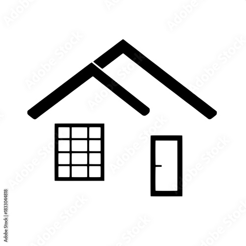 Flat graphic icon of a house composed of geometric shapes, featuring a sharply pitched roof with clean lines, an oversized grid window with thick black frames, a small square window with a subtle bord