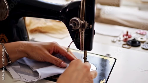 Sewing Machine in Action - Crafting and Textile Creation Process.