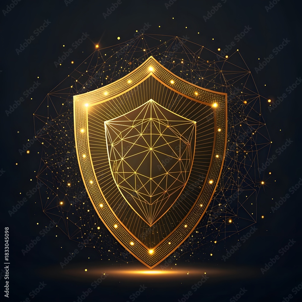 Fototapeta premium Golden digital shield with glowing particles and network connections