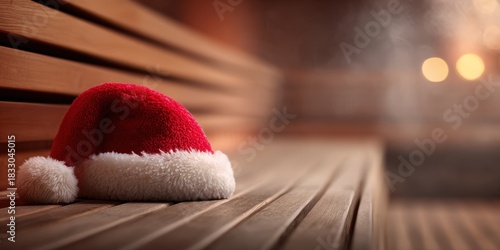 Santa hat resting on a wooden sauna bench