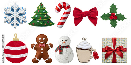 Collection of ten assorted christmas holiday decoration ornaments and symbols isolated on transparent background