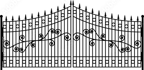 A simple black and white illustration of an ornate metal gate with decorative posts and pointed pickets.Black wrought iron fence with pointed finials and decorative scrolls white metal.