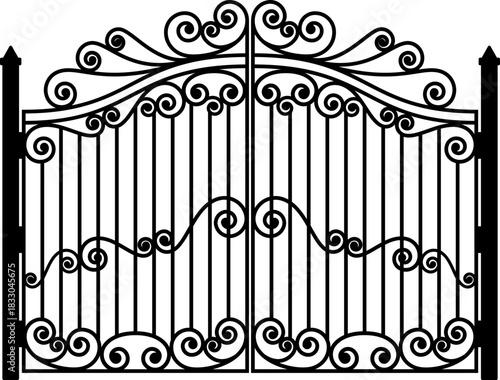 A simple black and white illustration of an ornate metal gate with decorative posts and pointed pickets.Black wrought iron fence with pointed finials and decorative scrolls white metal.