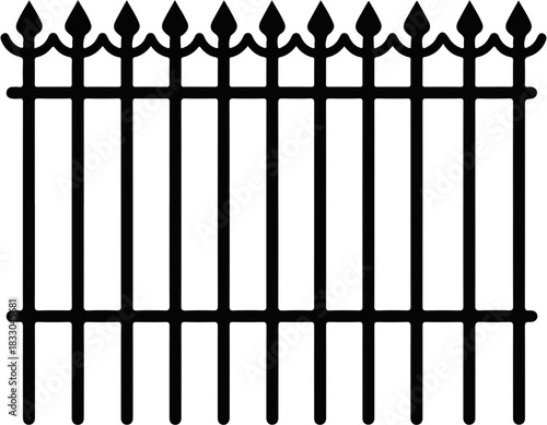 A simple black and white illustration of an ornate metal gate with decorative posts and pointed pickets.Black wrought iron fence with pointed finials and decorative scrolls white metal.