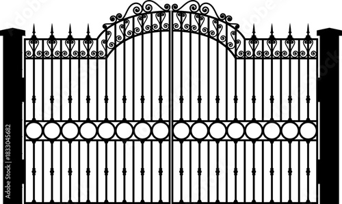 A simple black and white illustration of an ornate metal gate with decorative posts and pointed pickets.Black wrought iron fence with pointed finials and decorative scrolls white metal.