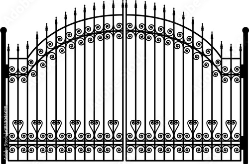 A simple black and white illustration of an ornate metal gate with decorative posts and pointed pickets.Black wrought iron fence with pointed finials and decorative scrolls white metal.
