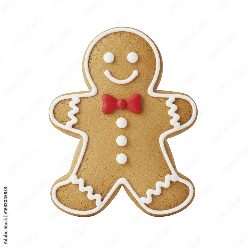 Fototapeta premium Smiling Christmas Gingerbread Man Cookie Red Bow Tie White Icing Transparent PNG