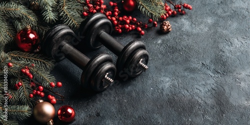 Dumbbells with christmas decorations celebrating fitness holiday season