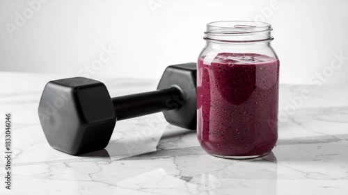 Black dumbbell beside jar of purple smoothie on marble surface  