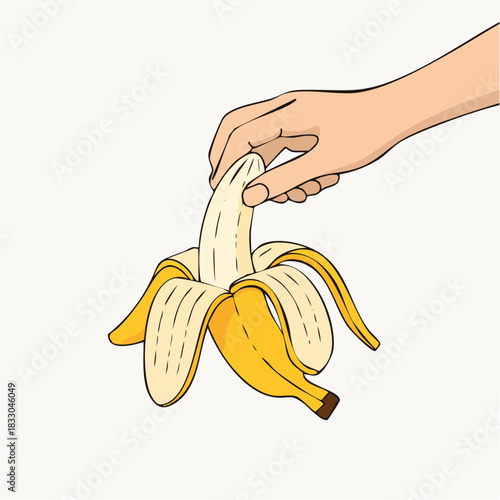 Human Hand Peeling Yellow Banana Fruit Against White Background Healthy Food Concept