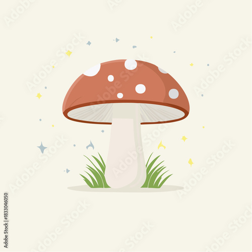 Whimsical Mushroom Illustration with Speckled Cap and Green Grass Accents on a Soft Pastel Background with Subtle Sparkles