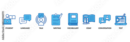 English class banner web icon set In Blue Style vector illustration foricon of student, language, talk, writing, vocabulary, essay, conversation, test