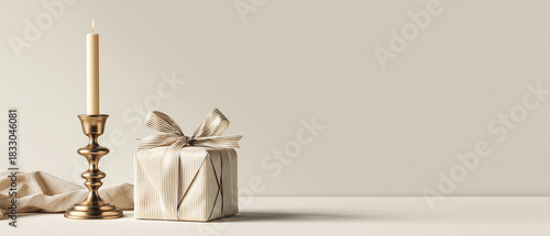 candlestick with burning candle and elegant gift box as a valentine // birthday / christmas holiday minimalistic beige background