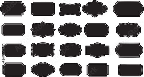 Black decorative label silhouettes, vintage frame shapes, retro outline badge, ornate geometric borders, empty tag design graphics, bllack and white 