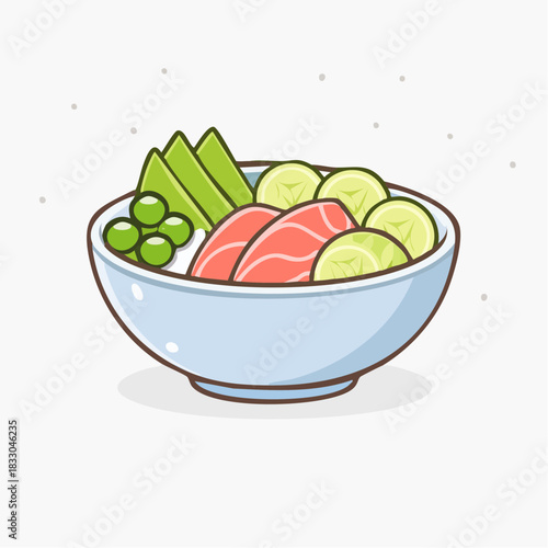Pixel Art Poke Bowl With Salmon Avocado And Cucumber On A White Background