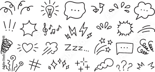 Manga expression. Emotion and motion comic hand drawn elements. Speech bubbles, stars and swirls, lightning and music sound minimal icons for comics and media black and white