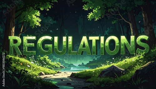 Regulations Concept in a Lush Forest Setting, Environment and Compliance Theme